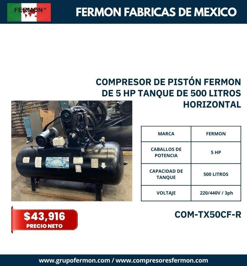 COMPRESOR DE PISTÓN FERMON DE 5 HP TANQUE DE 500 LITROS HORIZONTAL
